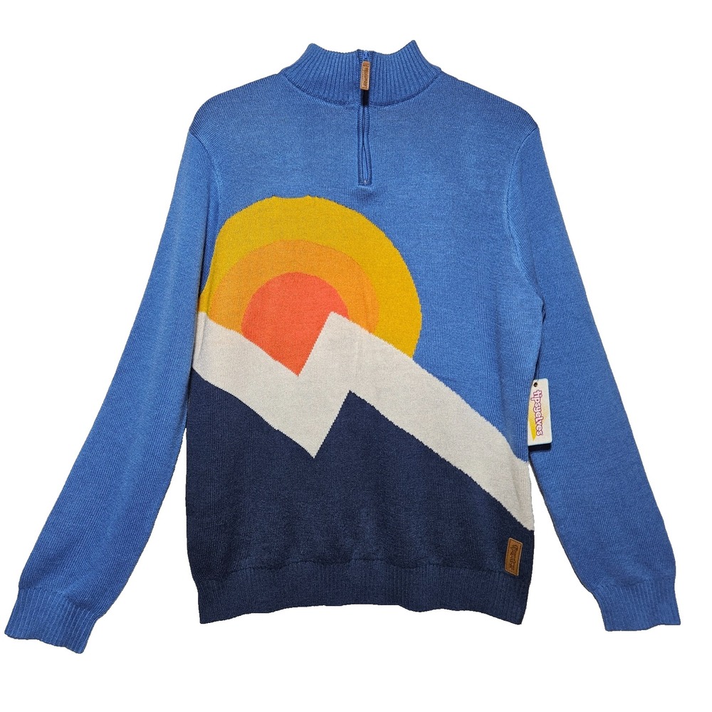 Tipsy Elves Blue Retro Mountain Sun Knit Sweater Large Gorpcore Ski Outdoor 70s